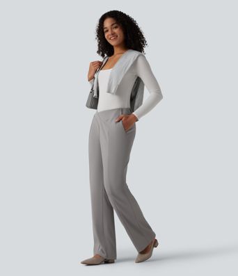 Halara Flex™ Asymmetric Mid Rise Straight Leg Crepe Work Pants with Pockets