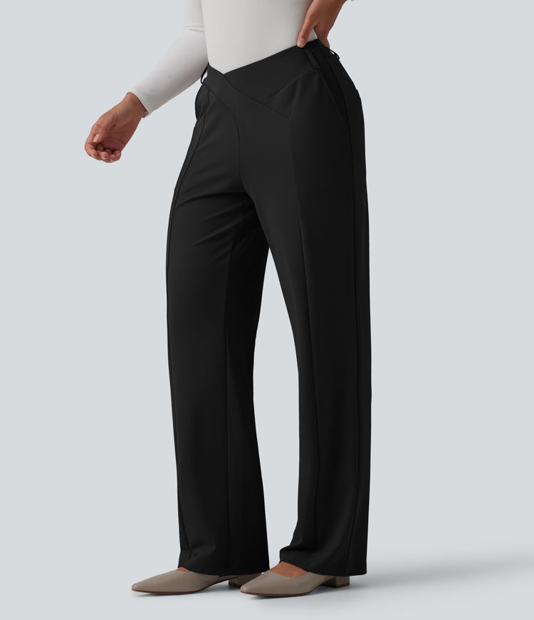 Pantalon tailleur Halara Flex™ asymétrique coupe droite taille mi-haute crêpe avec poches