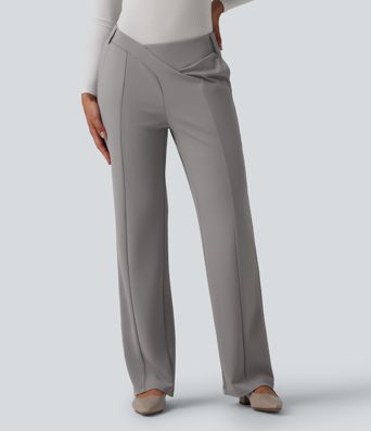 Halara Flex™ Asymmetric Mid Rise Straight Leg Crepe Work Pants with Pockets