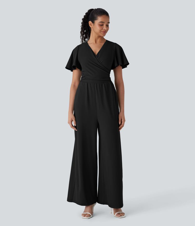 Combinaison fluide décontractée à col V, manches papillon, dos croisé avec lien et poches latérales, jambes amples