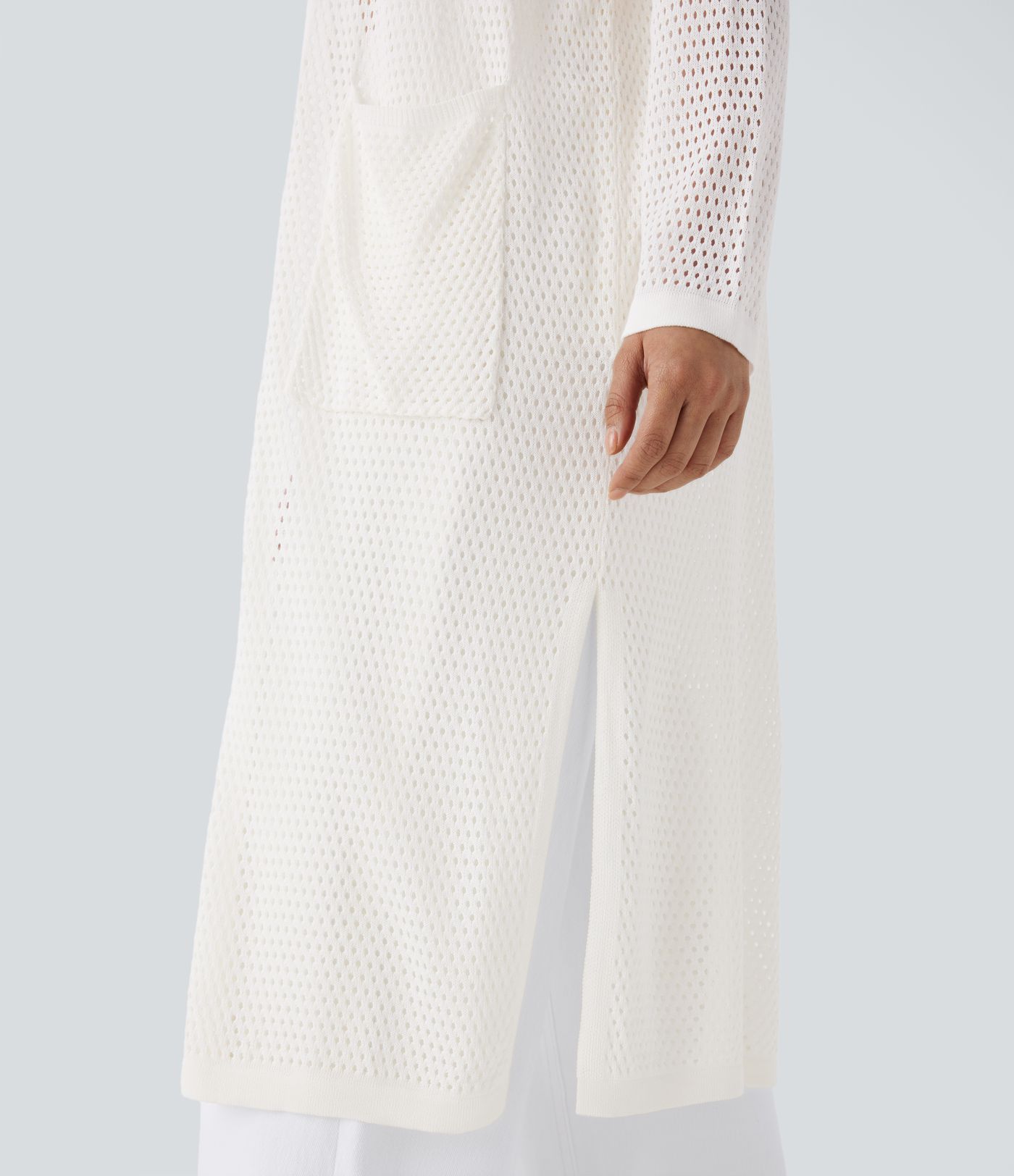 Cárdigan largo capucha manga larga bolsillo frontal abierto abertura lateral