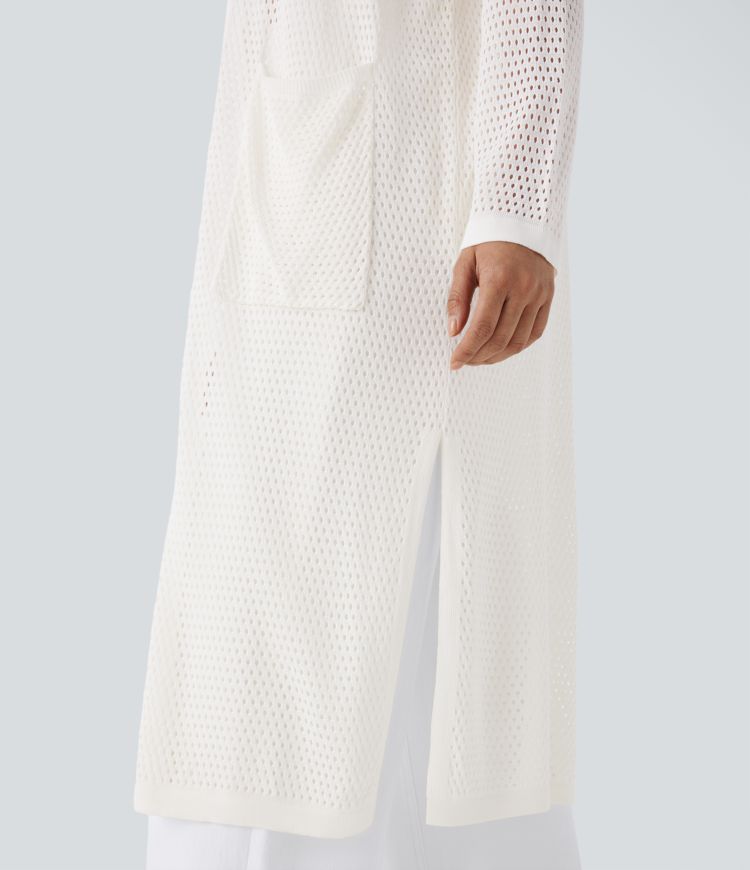 Cárdigan largo capucha manga larga bolsillo frontal abierto abertura lateral