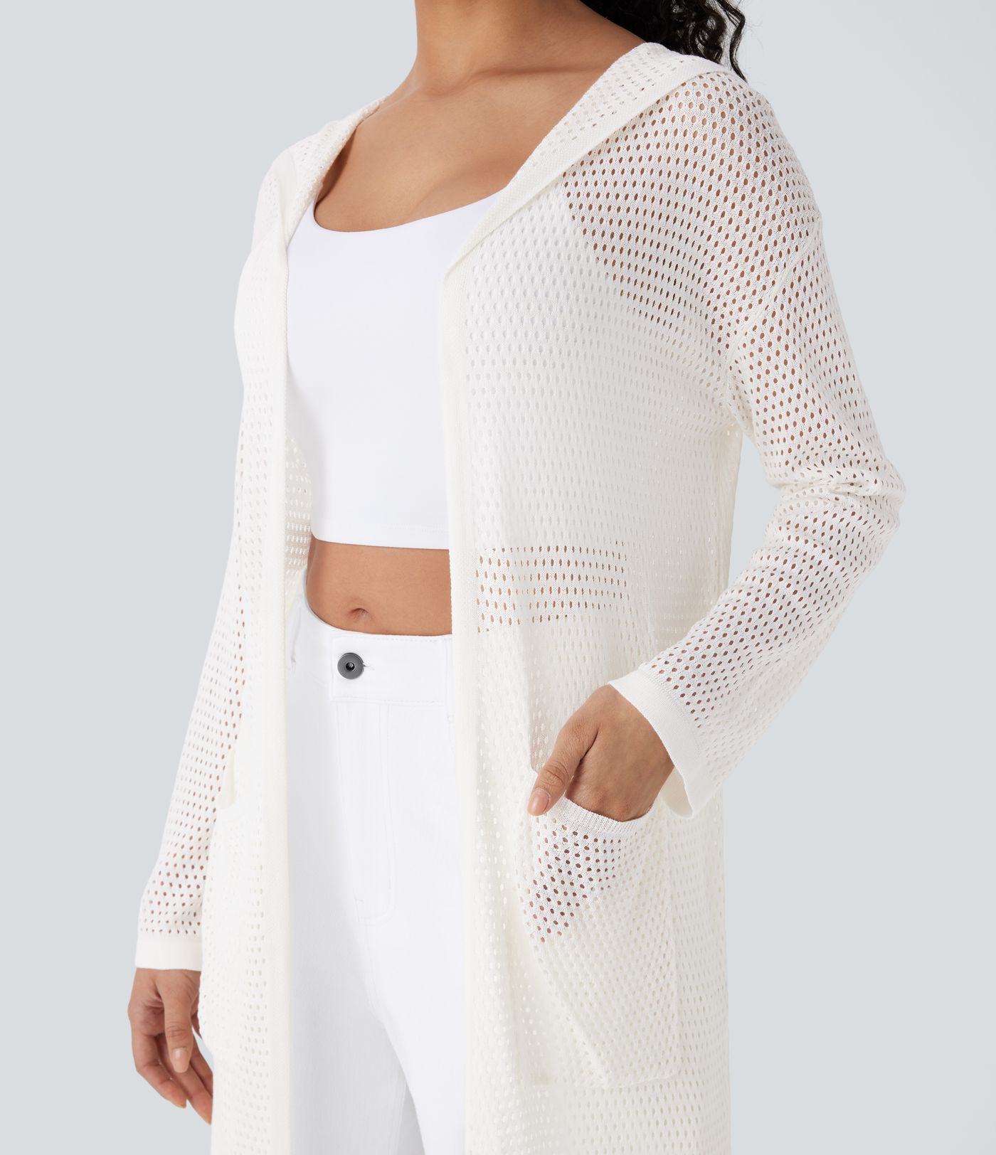 Cárdigan largo capucha manga larga bolsillo frontal abierto abertura lateral