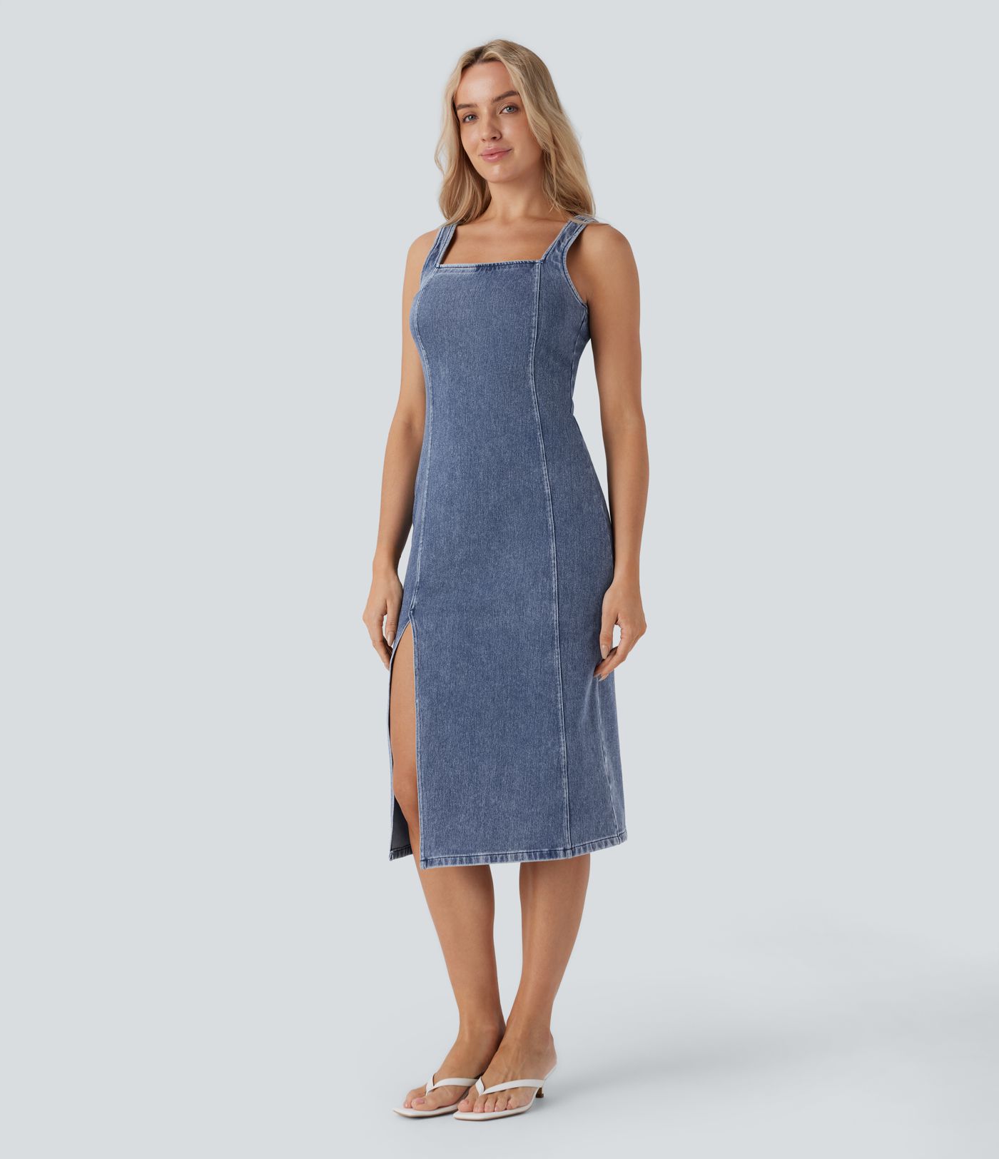 Halara Flex™ Square Neck Sleeveless Back Zipper Midi Washed Denim Casual Dress