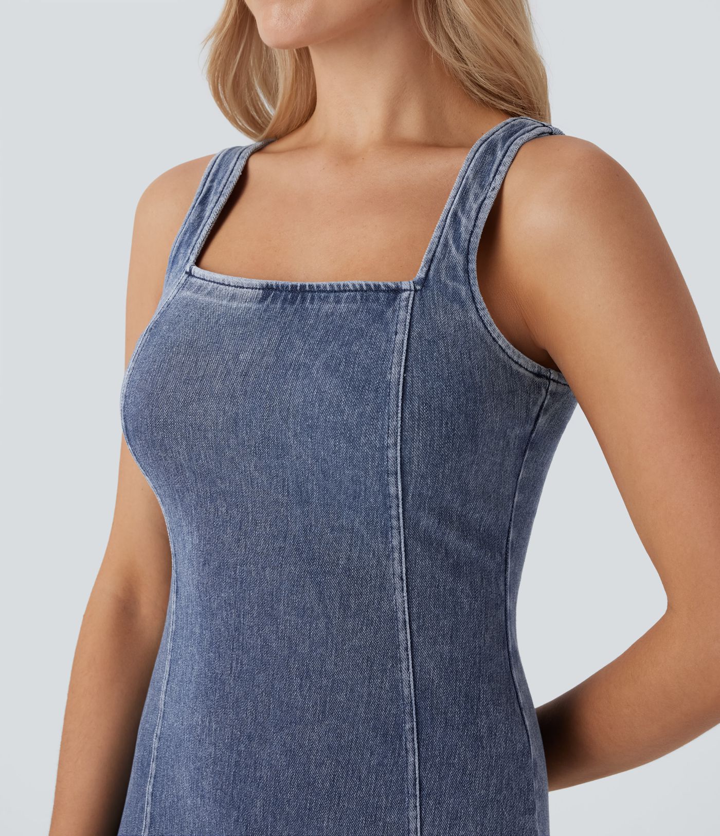 Halara Flex™ Square Neck Sleeveless Back Zipper Midi Washed Denim Casual Dress