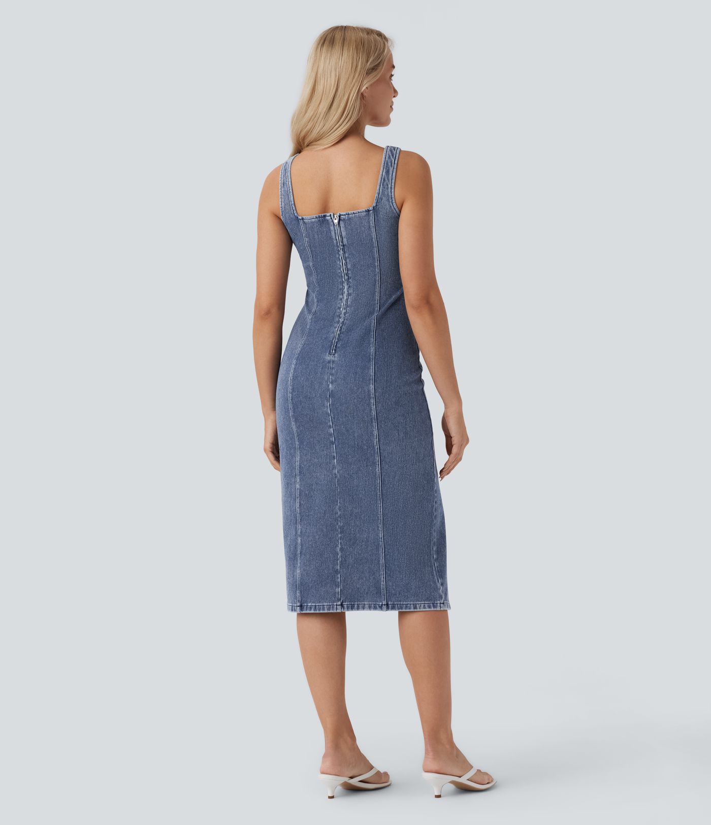 Halara Flex™ Square Neck Sleeveless Back Zipper Midi Washed Denim Casual Dress
