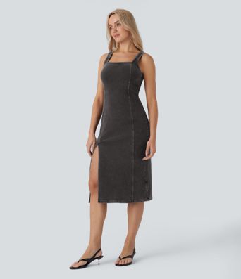 Halara Flex™ Square Neck Sleeveless Back Zipper Midi Washed Denim Casual Dress