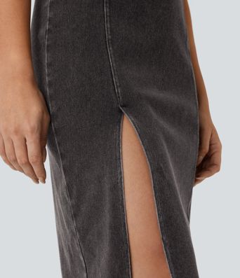 Halara Flex™ Square Neck Sleeveless Back Zipper Midi Washed Denim Casual Dress