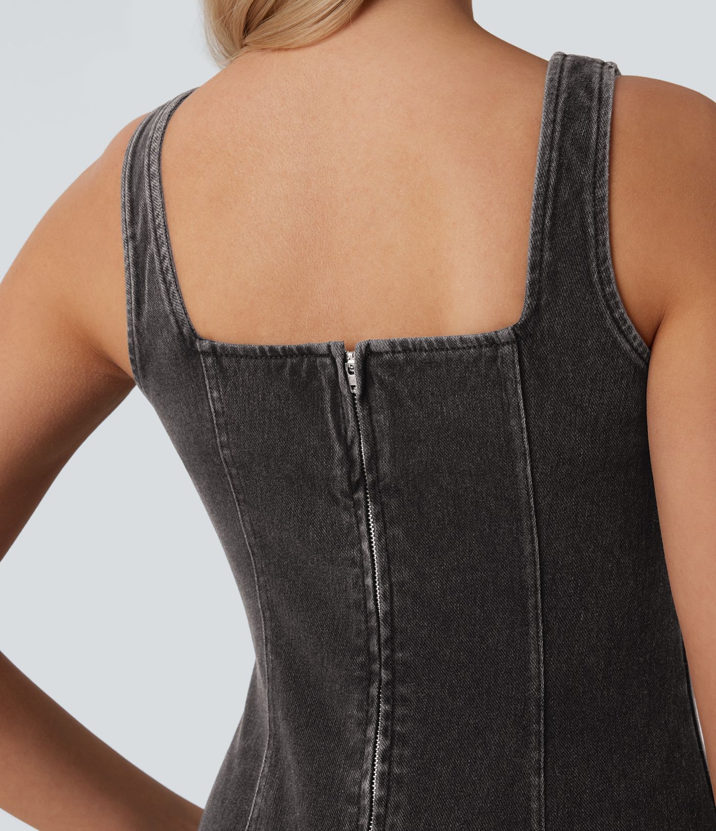 Halara Flex™ Square Neck Sleeveless Back Zipper Midi Washed Denim Casual Dress