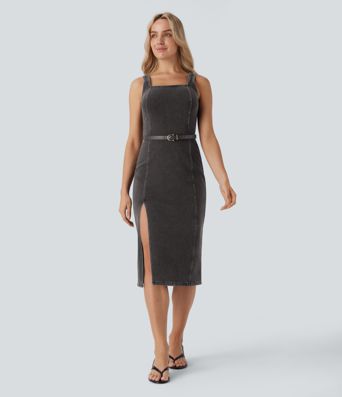 Halara Flex™ Square Neck Sleeveless Back Zipper Midi Washed Denim Casual Dress