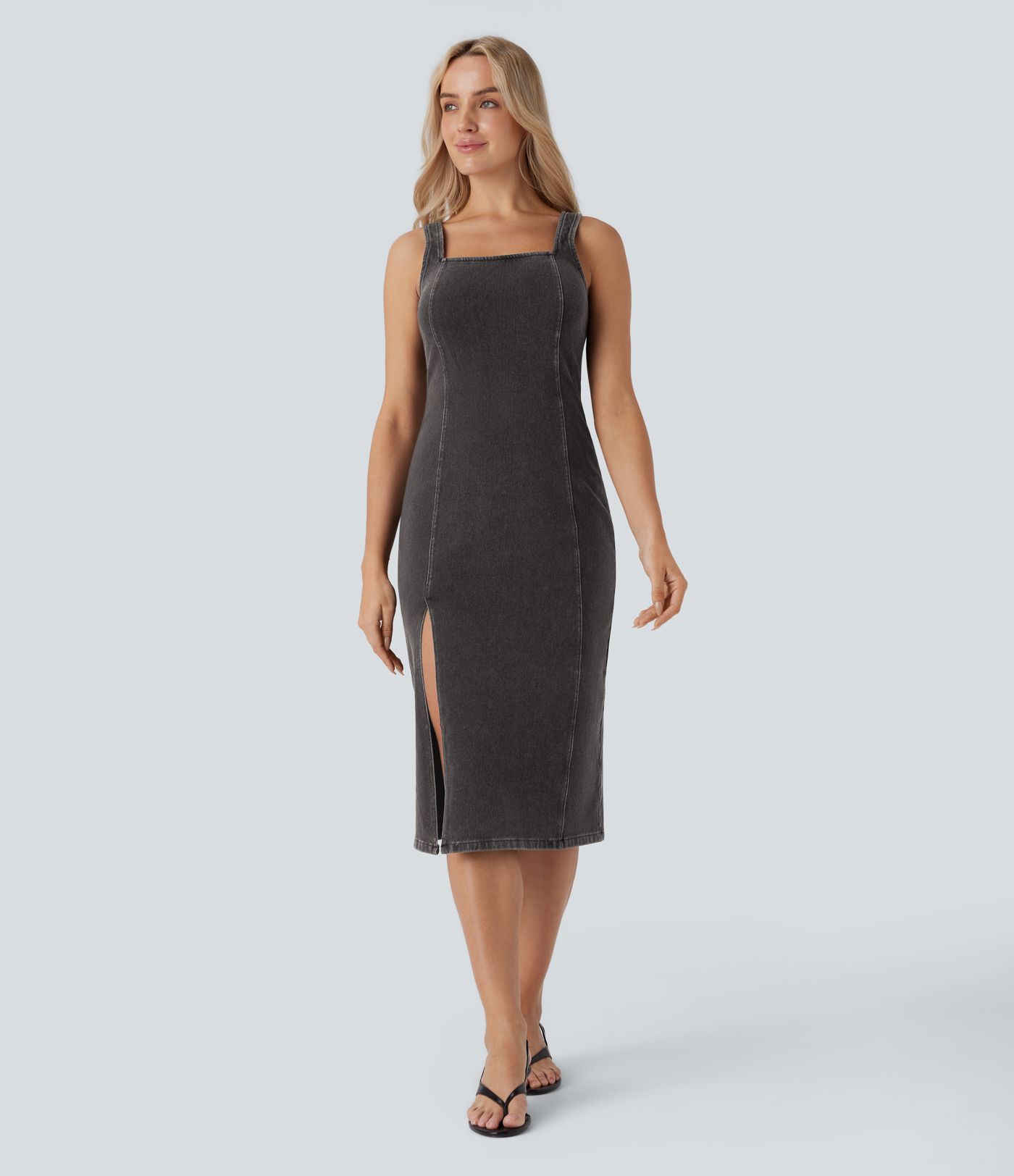 Halara Flex™ Square Neck Sleeveless Back Zipper Midi Washed Denim Casual Dress