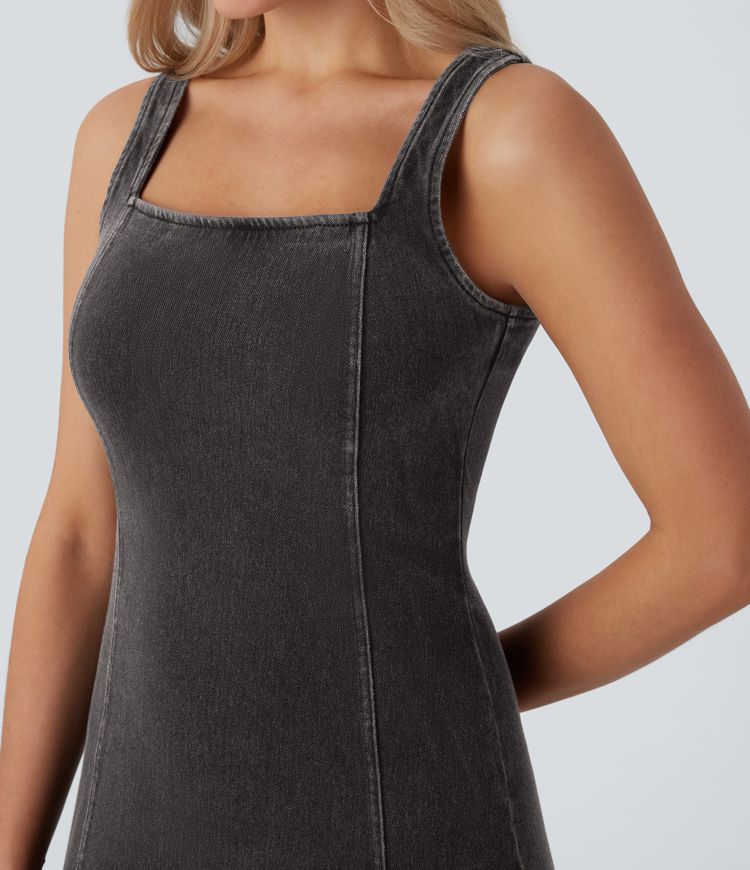 Halara Flex™ Square Neck Sleeveless Back Zipper Midi Washed Denim Casual Dress