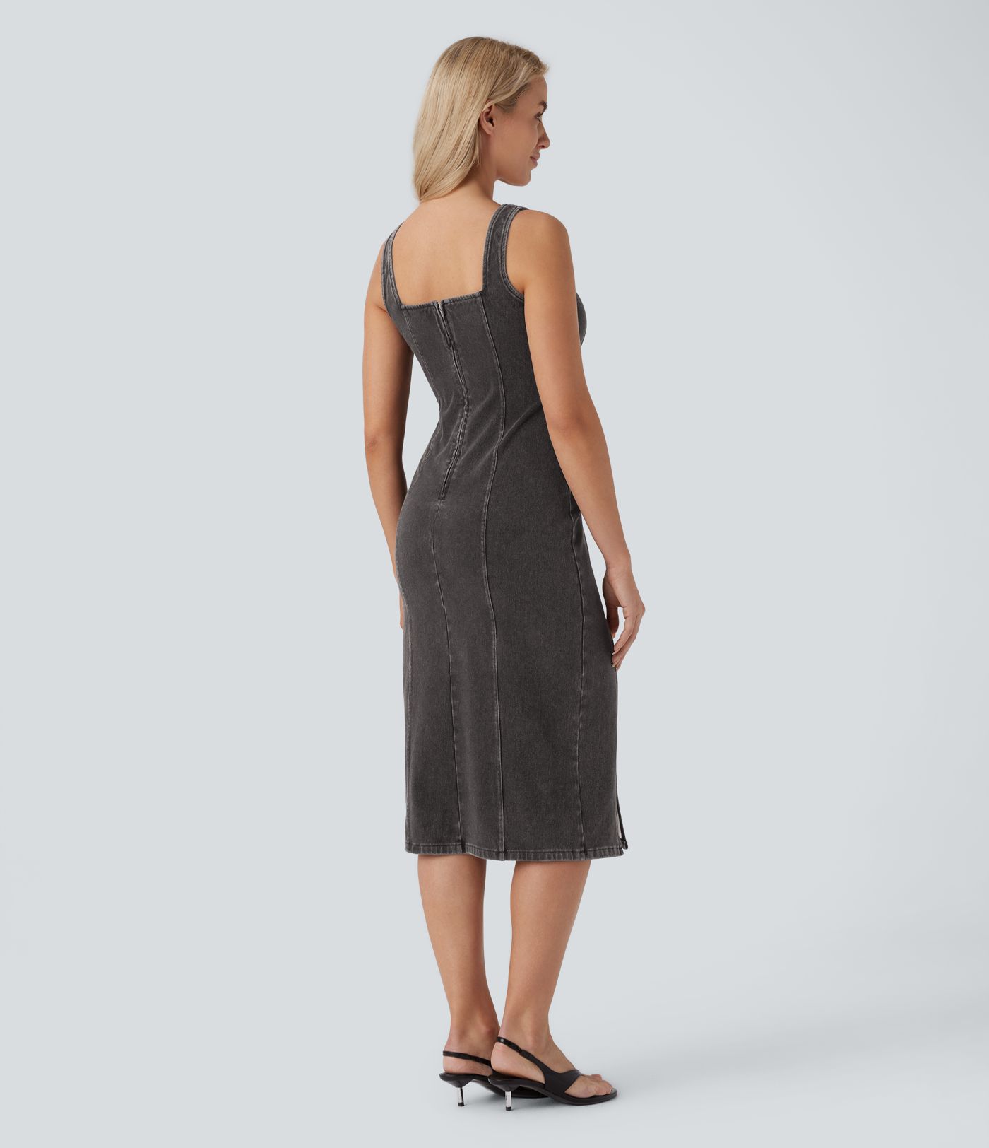 Halara Flex™ Square Neck Sleeveless Back Zipper Midi Washed Denim Casual Dress