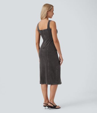 Halara Flex™ Square Neck Sleeveless Back Zipper Midi Washed Denim Casual Dress
