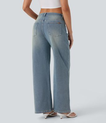 Halara Flex™ Low Rise Pockets Baggy Wide Leg Washed Casual Jeans