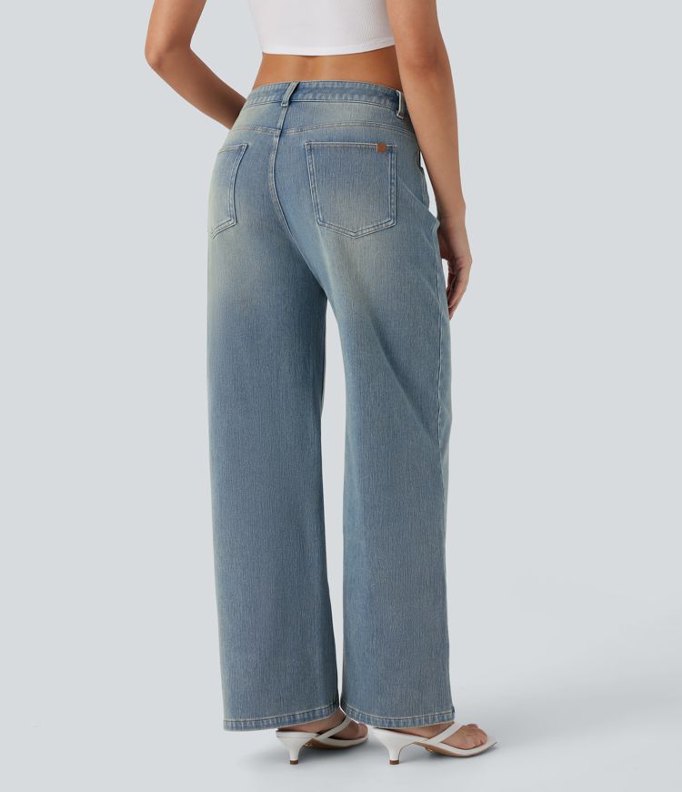 Halara Flex™ Low Rise Multiple Pockets Baggy Wide Leg Washed Stretchy Knit Casual Jeans