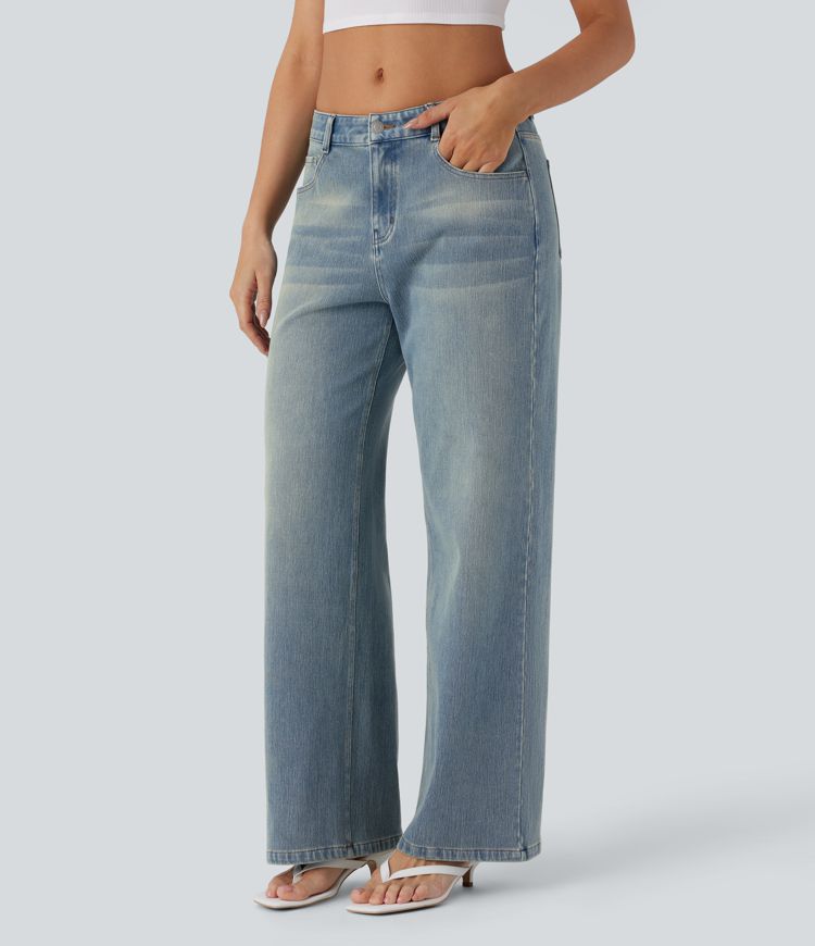 Halara Flex™ Low Rise Multiple Pockets Baggy Wide Leg Washed Stretchy Knit Casual Jeans