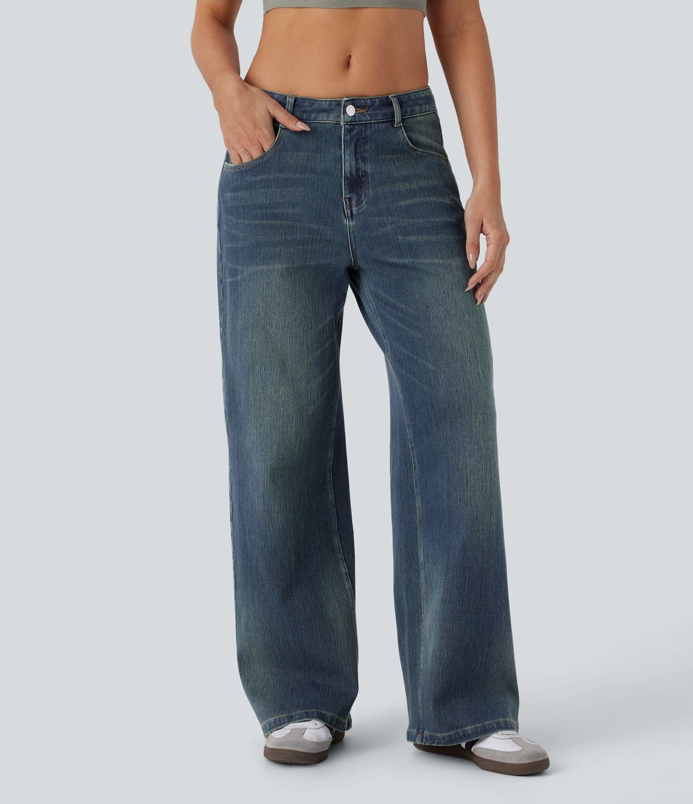 Halara Flex™ Low Rise Pockets Baggy Wide Leg Washed Casual Jeans