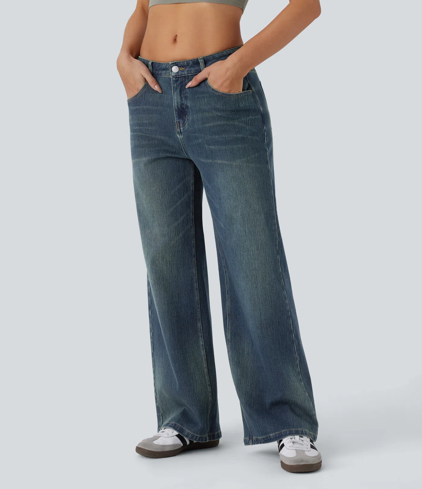 Halara Flex™ Lässige, verwaschene Baggy Jeans aus elastischem Strick-Denim mit niedrigem Bund, mehreren Taschen und weitem Bein