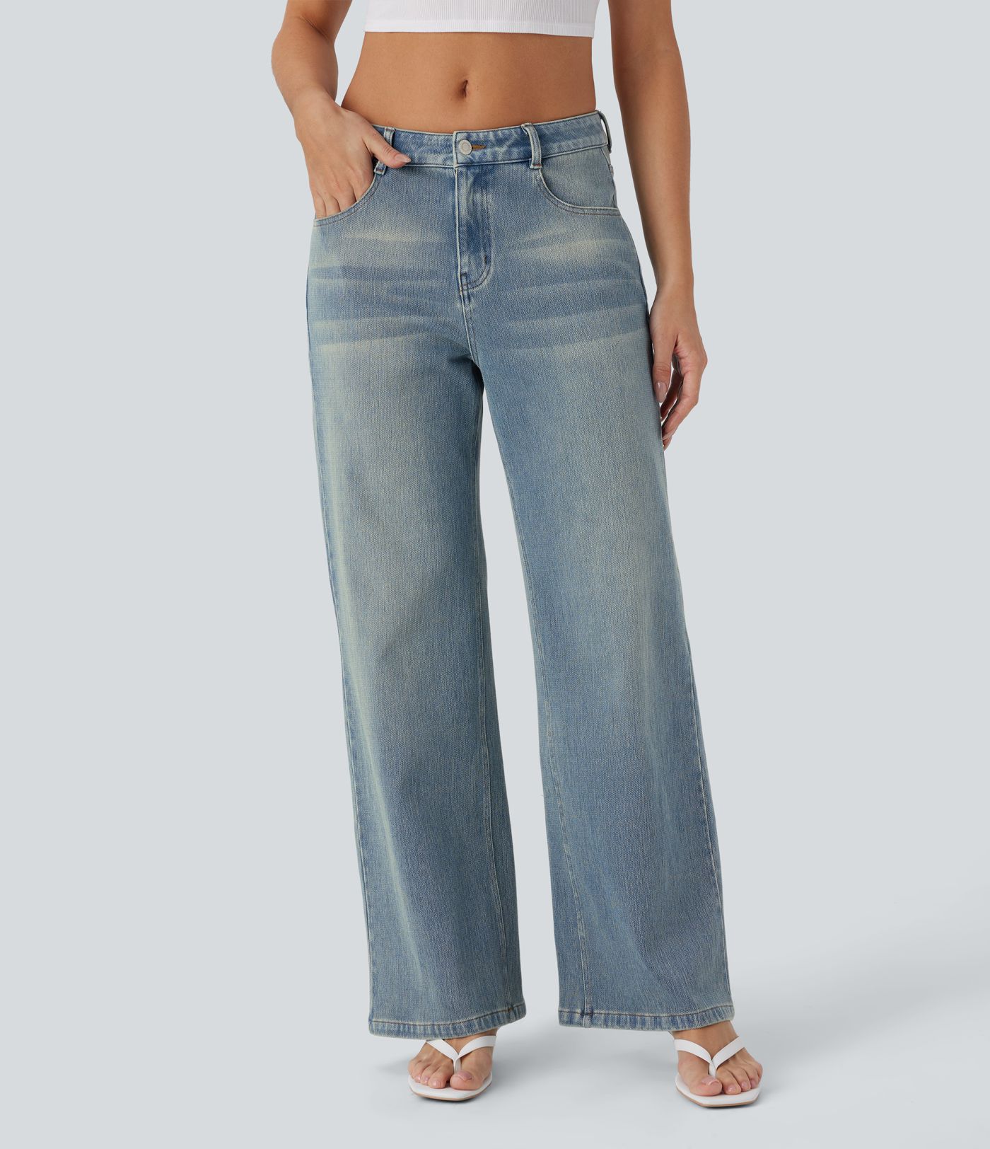 Halara Flex™ Low Rise Pockets Baggy Wide Leg Washed Casual Jeans