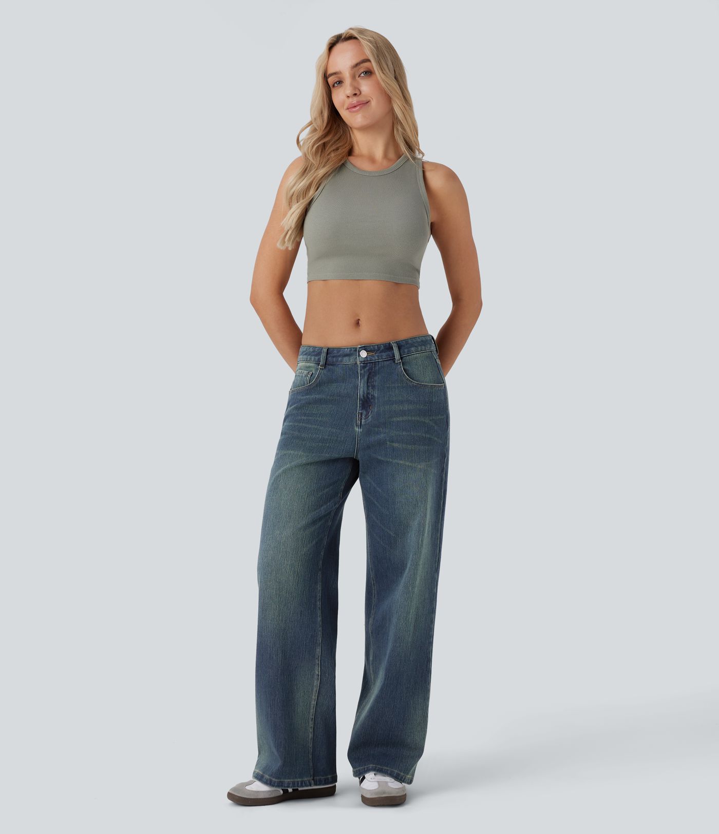 Halara Flex™ Low Rise Pockets Baggy Wide Leg Washed Casual Jeans