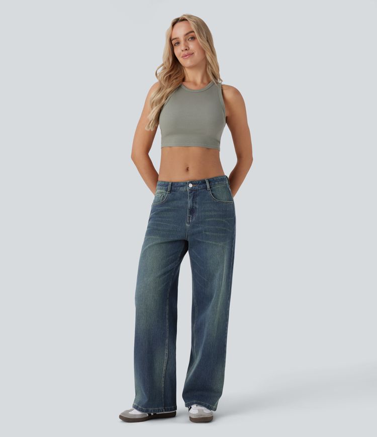 Halara Flex™ Low Rise Pockets Baggy Wide Leg Washed Casual Jeans