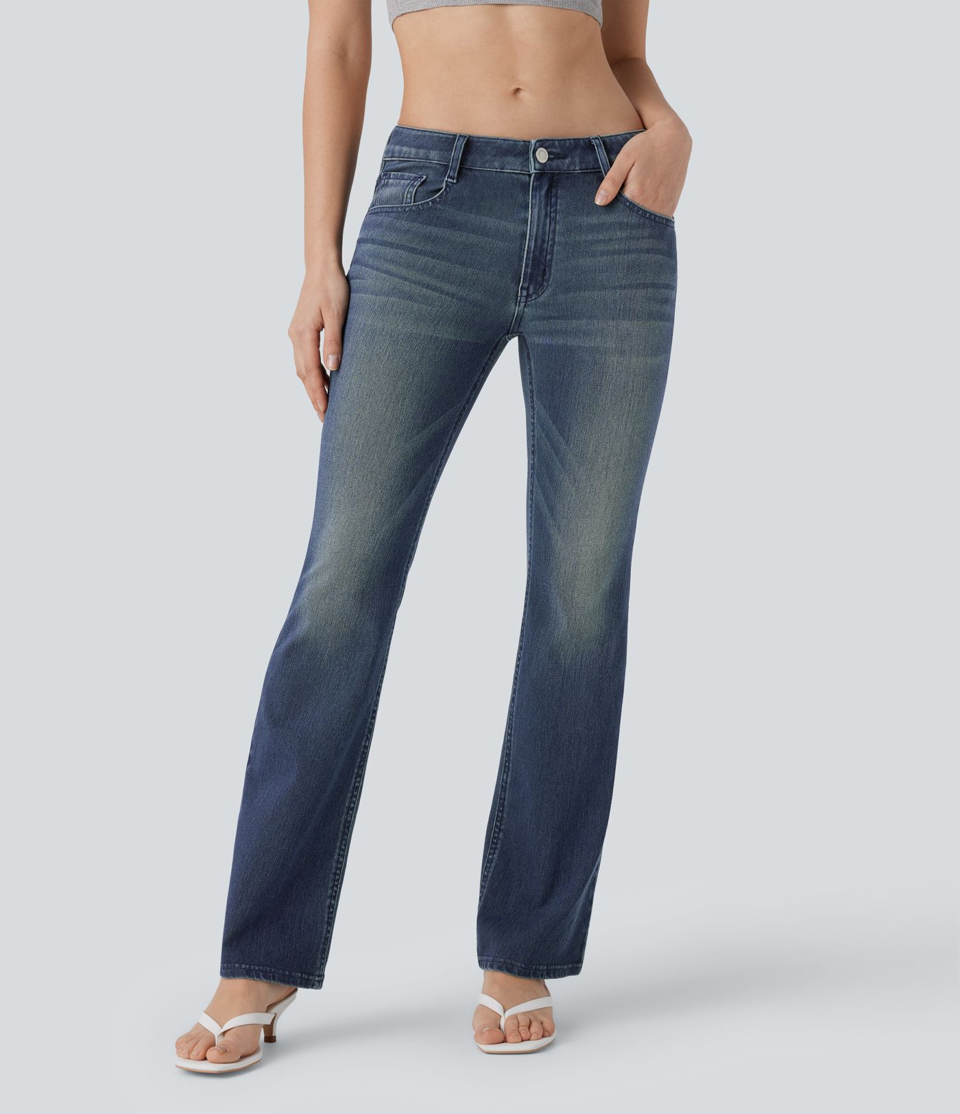 Jeans Halara Flex™ Denim tiro bajo múltiple bolsillo lavado elástico corte acampanado