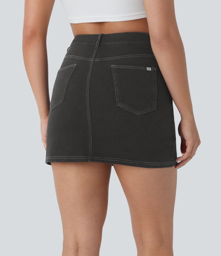 Mini Falda Halara Flex™ Denim vaquera elástico lavado 2 en 1 múltiple bolsillo tiro alto abertura