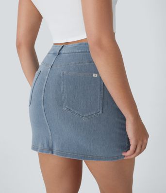 Halara Flex™ Jupe Mini décontractée en Jean Lavé à Taille Haute avec Poches 2-in-1