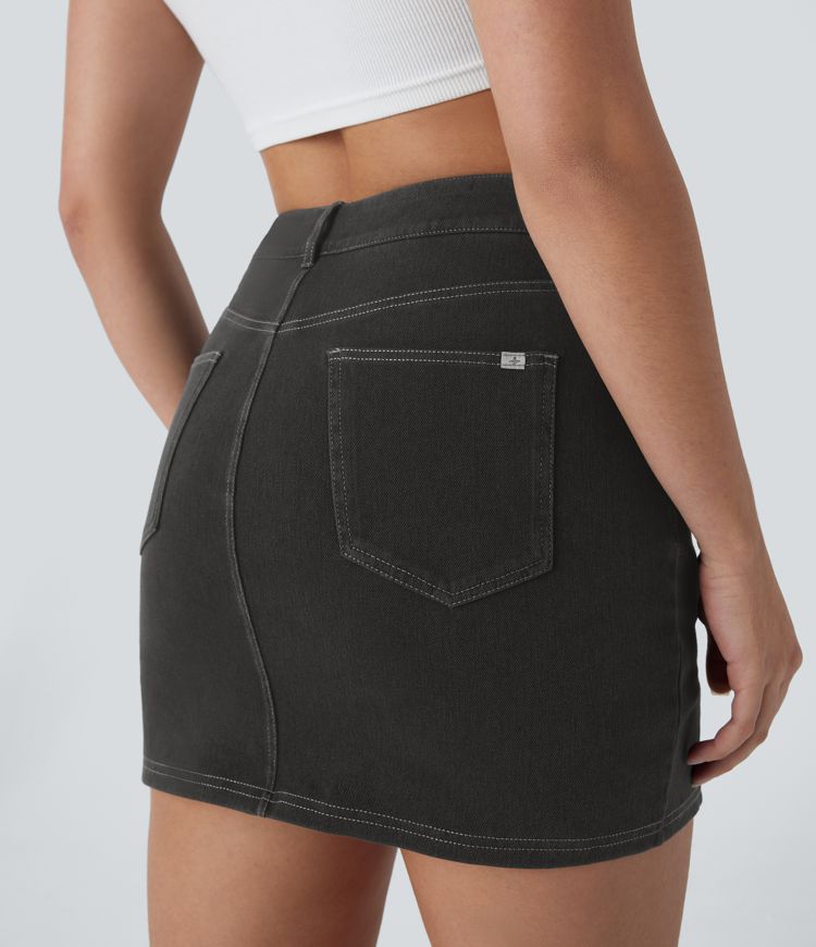 Mini Falda Halara Flex™ Denim vaquera elástico lavado 2 en 1 múltiple bolsillo tiro alto abertura