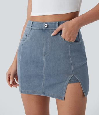 Halara Flex™ Jupe Mini décontractée en Jean Lavé à Taille Haute avec Poches 2-in-1
