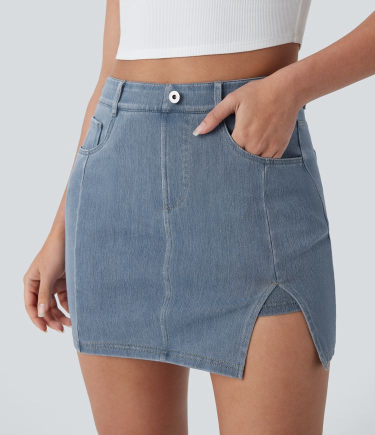 Halara Flex™ Jupe Mini décontractée en Jean Lavé à Taille Haute avec Poches 2-in-1