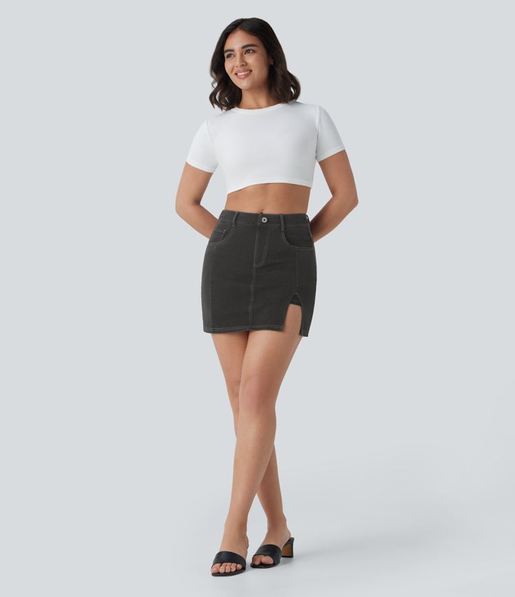 Mini Falda Halara Flex™ Denim vaquera elástico lavado 2 en 1 múltiple bolsillo tiro alto abertura