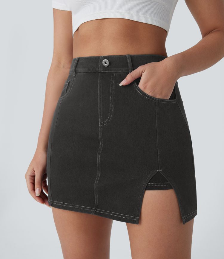 Mini Falda Halara Flex™ Denim vaquera elástico lavado 2 en 1 múltiple bolsillo tiro alto abertura