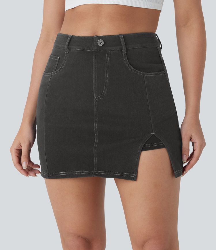 Hemp Rope Black Denim Halara Flex™ Jupe mini moulante 2-en-1, taille haute avec poches, en denim délavé, style décontracté / 1