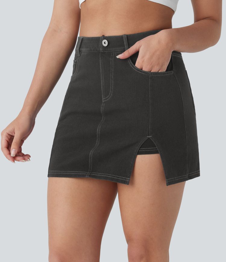 Mini Falda Halara Flex™ Denim vaquera elástico lavado 2 en 1 múltiple bolsillo tiro alto abertura