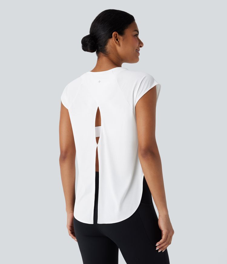 Yoga-Sport-Top mir Rundhalsausschnitt, Flügelärmel, Bindeband, Schlitz und abgerundetem Saum