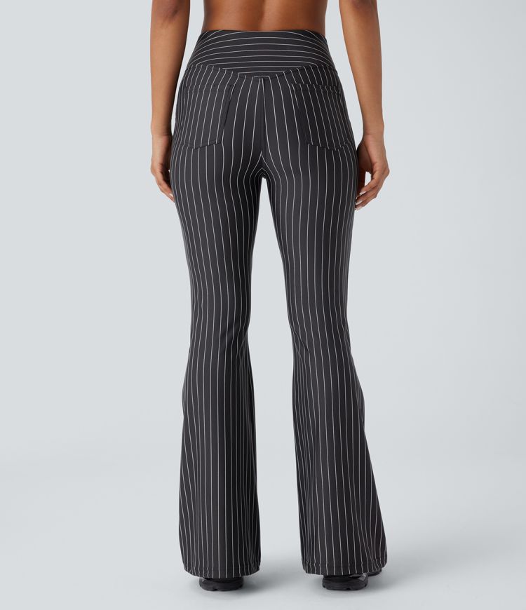 Crossover High Waisted Pockets Stripe Flare Cool Touch Yoga Leggings