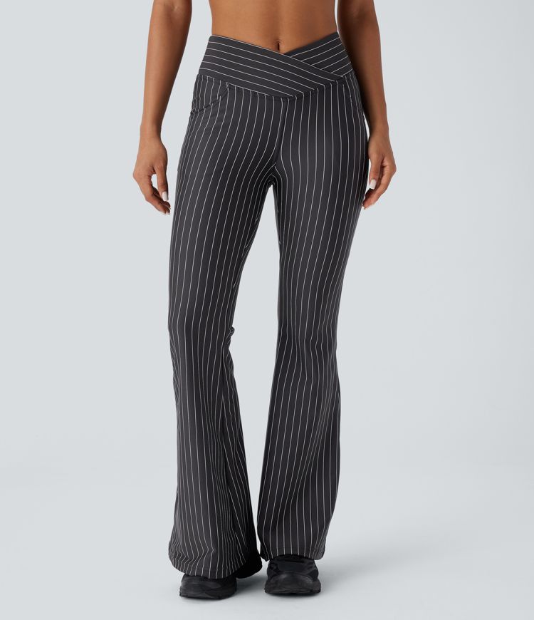 Crossover High Waisted Pockets Stripe Flare Cool Touch Yoga Leggings