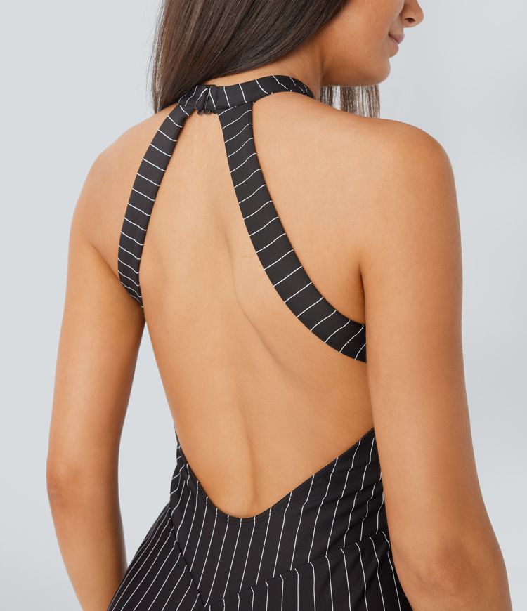 Rückenfreier Yoga-Jumpsuit mit Neckholder, Streifen und Cool-Touch