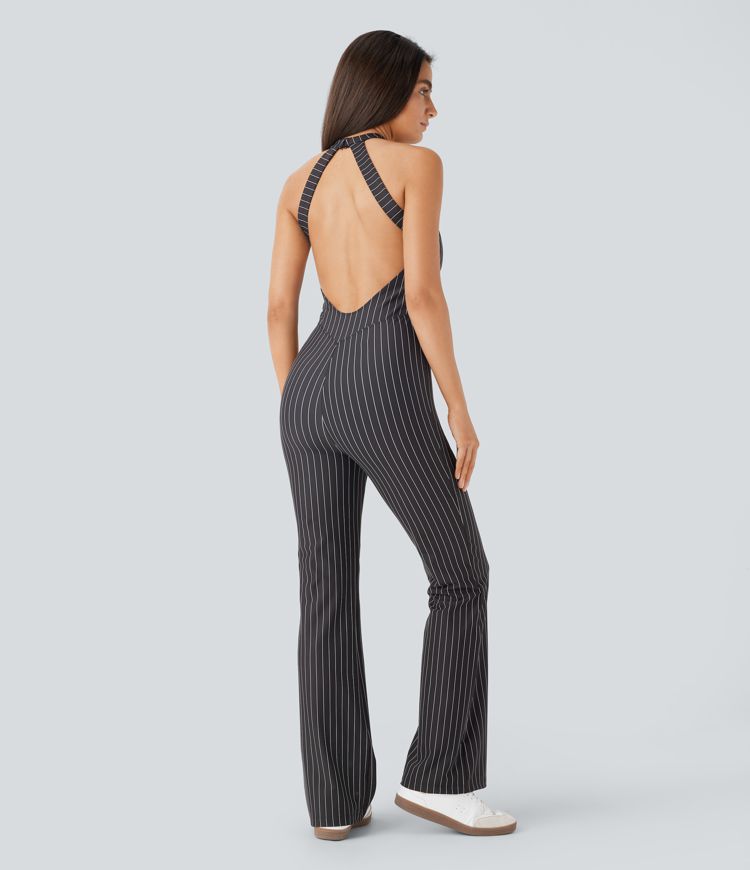 Rückenfreier Yoga-Jumpsuit mit Neckholder, Streifen und Cool-Touch