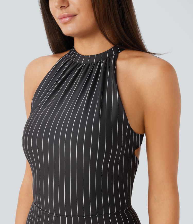 Rückenfreier Yoga-Jumpsuit mit Neckholder, Streifen und Cool-Touch