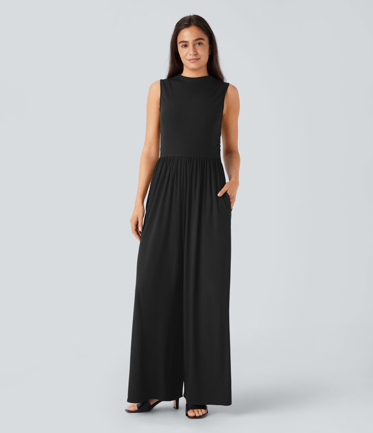 Ribbed Knit Sleeveless Back Invisible Zipper Ruched Side Pockets Wide Leg Casual Jumpsuit