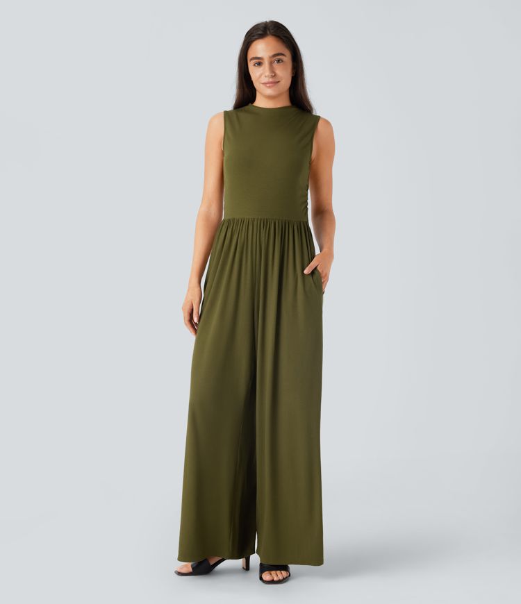 Ribbed knit jumpsuit, sleeveless, invisible back zipper, ruffled side pockets, wide leg, casual overall