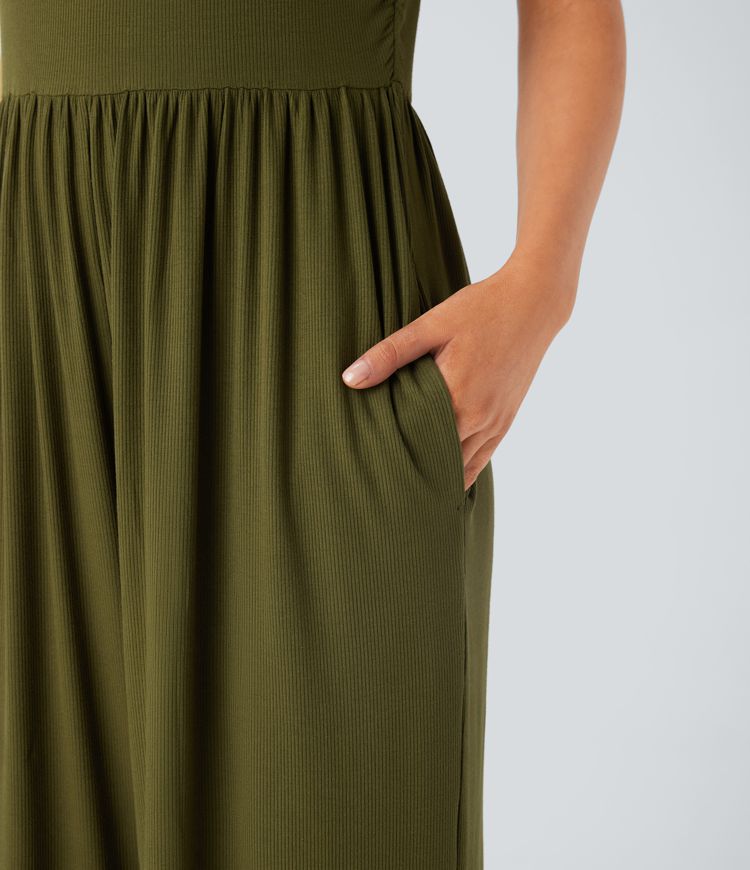 Ribbed knit jumpsuit, sleeveless, invisible back zipper, ruffled side pockets, wide leg, casual overall