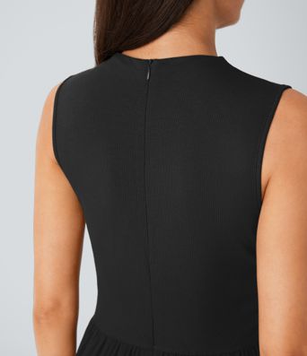 Ribbed Knit Sleeveless Back Ruched Pockets Wide Leg Casual Jumpsuit