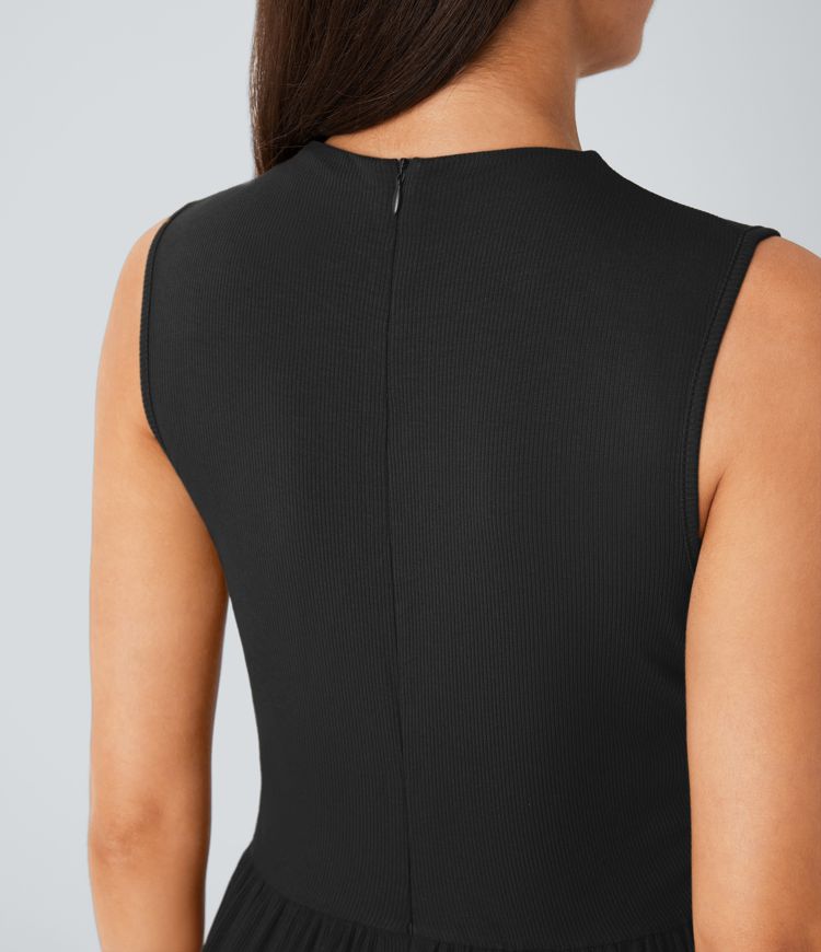 Ribbed Knit Sleeveless Back Ruched Pockets Wide Leg Casual Jumpsuit