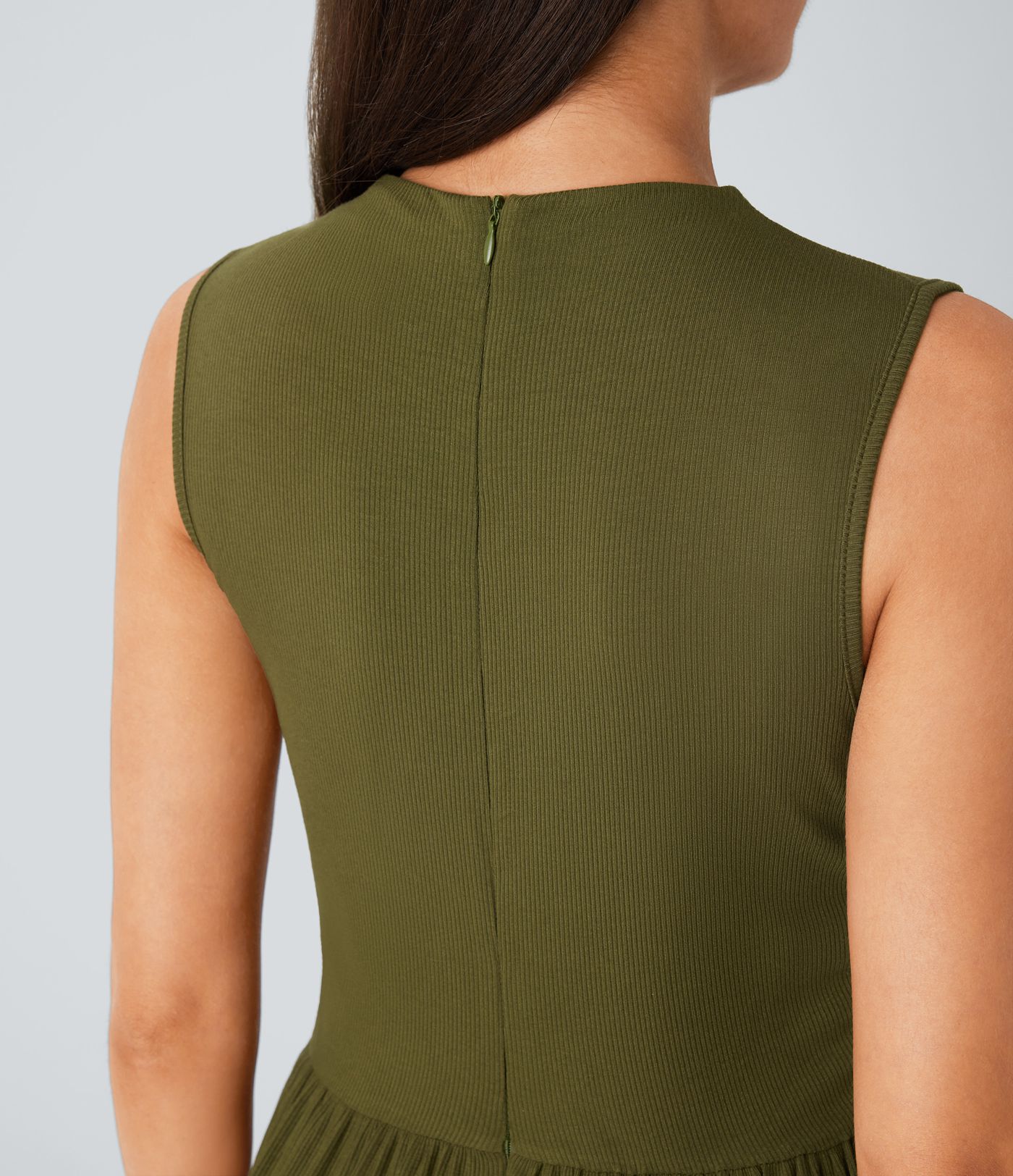 Ribbed knit jumpsuit, sleeveless, invisible back zipper, ruffled side pockets, wide leg, casual overall