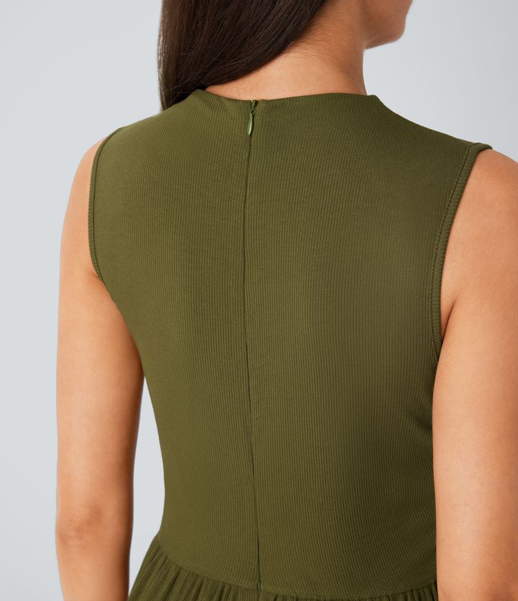 Ribbed knit jumpsuit, sleeveless, invisible back zipper, ruffled side pockets, wide leg, casual overall