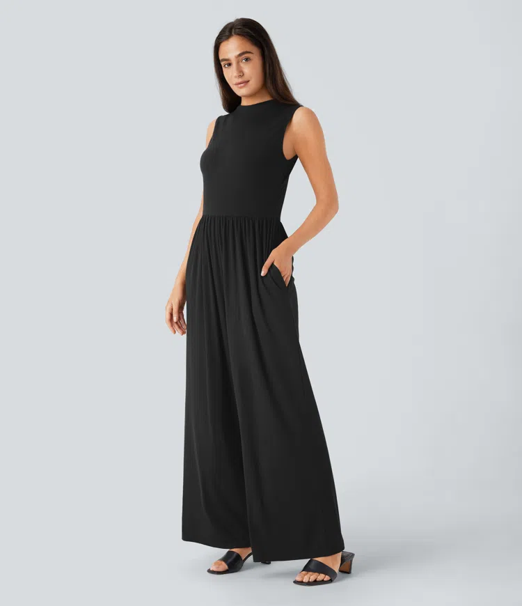 Ribbed Knit Sleeveless Back Ruched Pockets Wide Leg Casual Jumpsuit
